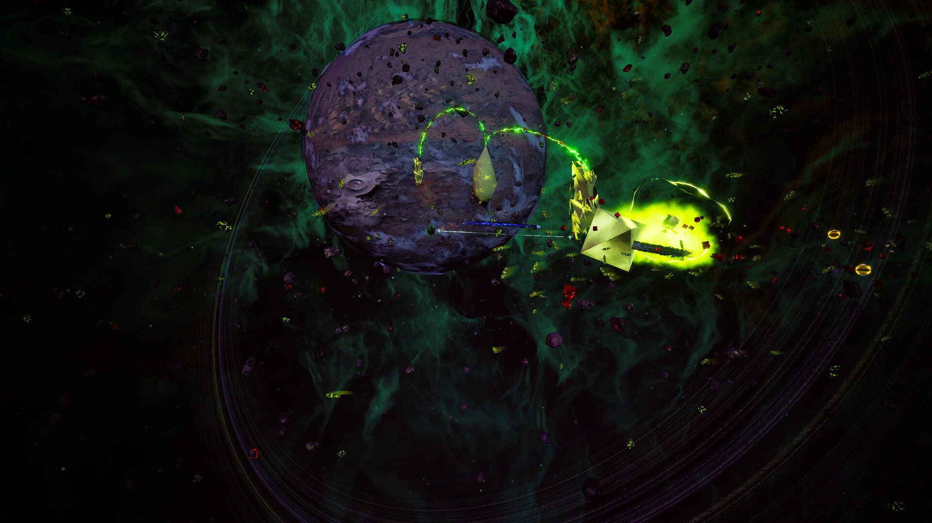 A glowing geometric Sovereign surrounded by colourful energy in deep space